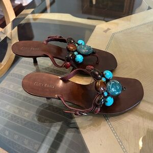 Miu Miu Italian made sandals.   Gemstone embellished kitten heel.